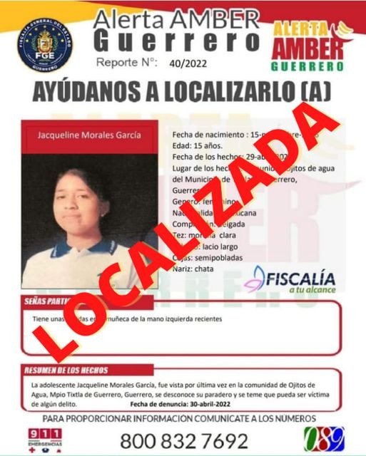 ¿Has visto a?… FGE activa otra Alerta Amber en Guerrero por Jaqueline Morales, 24 horas después apareció