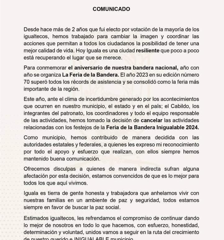 Oficial: se suspende la Feria de la Bandera en Iguala por la violencia